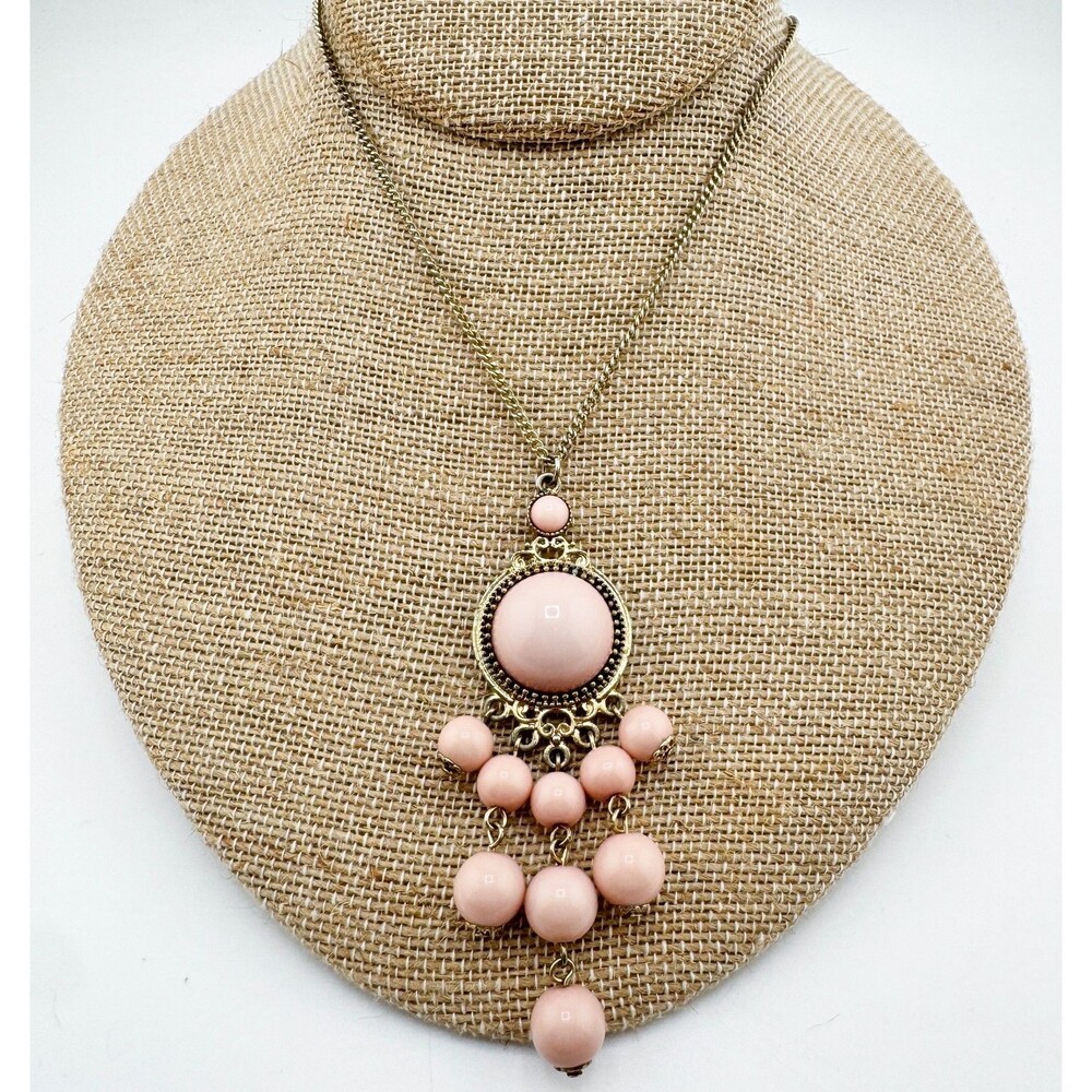 Vintage Pink Dangle Pendant Necklace – Gold Tone Beaded Drop Retro Glam Coquette